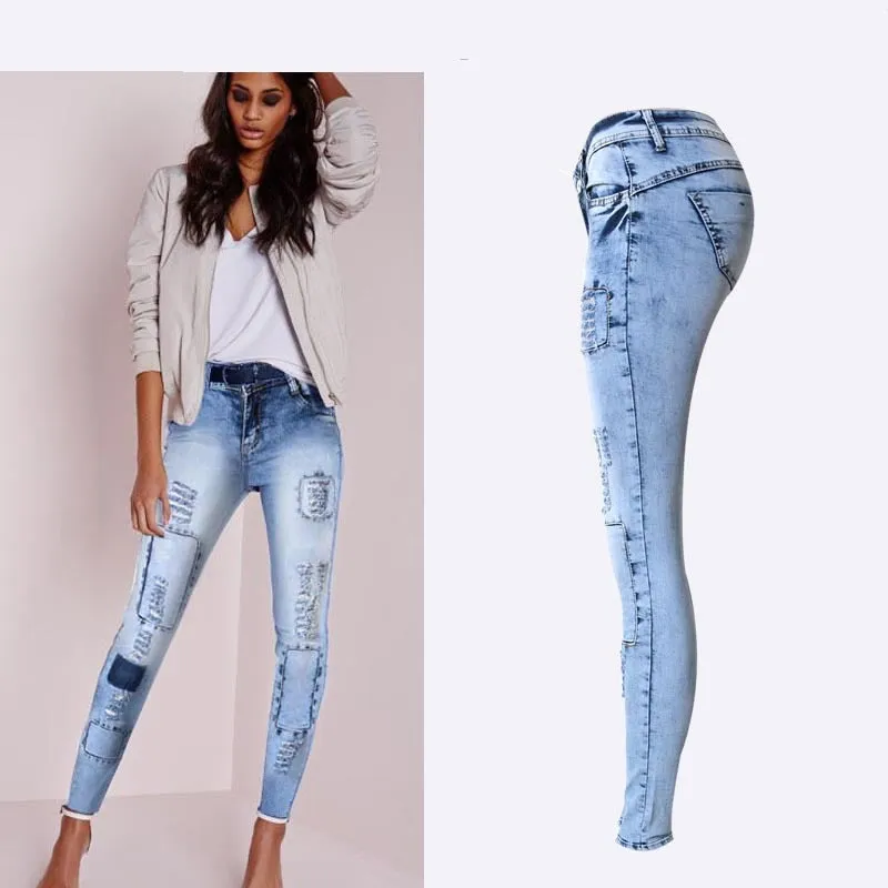 Summer Style Low Waist Sky Blue Patchwork Skinny Tights Jeans