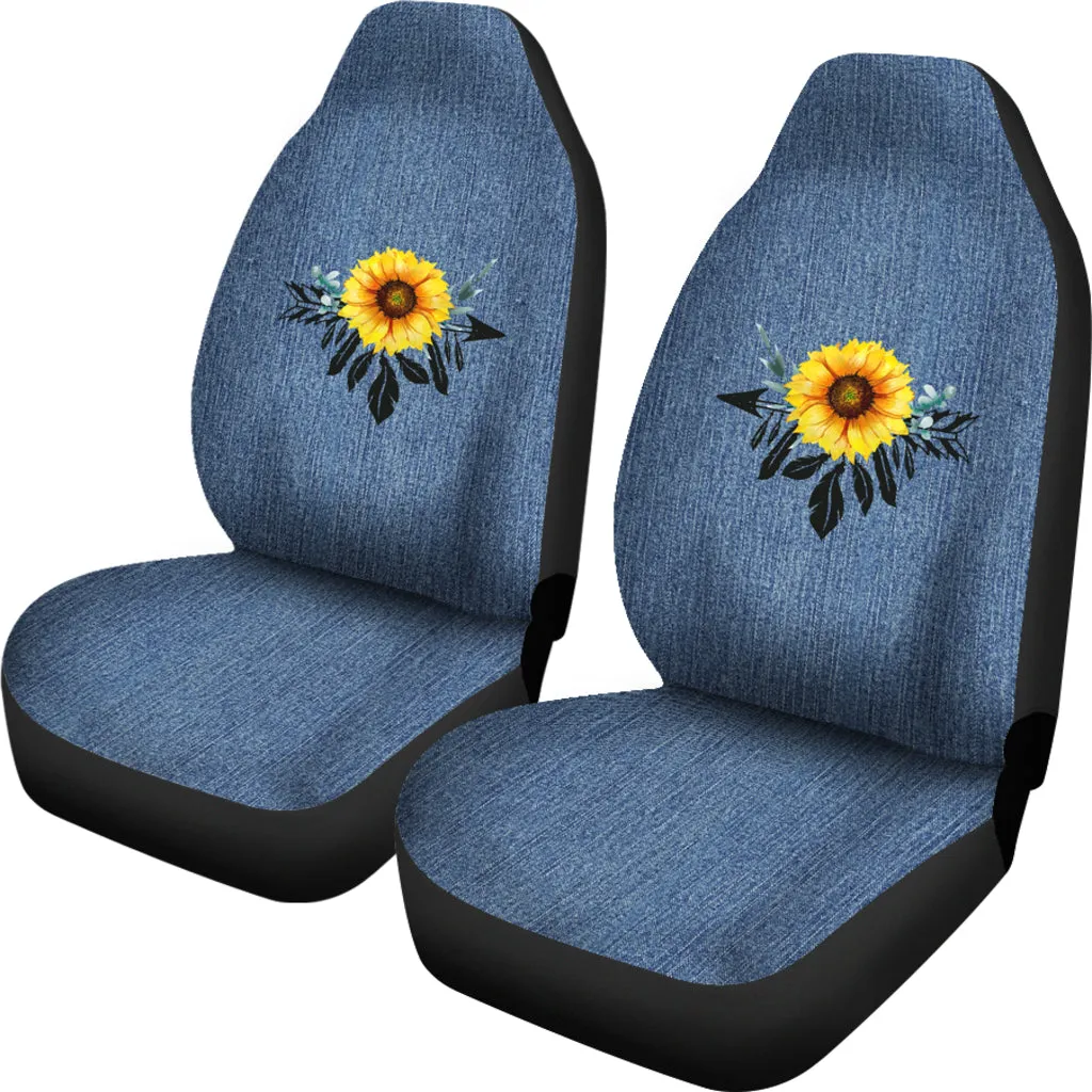 Sunflower Dreamcatcher Boho Design On Rustic Blue Faux Denim Car Seat Covers