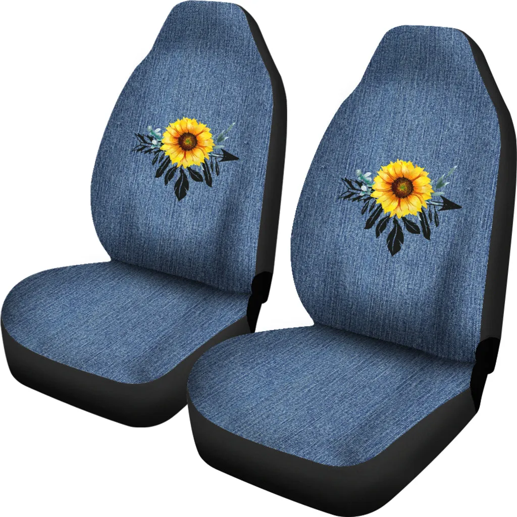 Sunflower Dreamcatcher on Faux Blue Denim Rustic Boho Car Seat Covers Seat Protectors