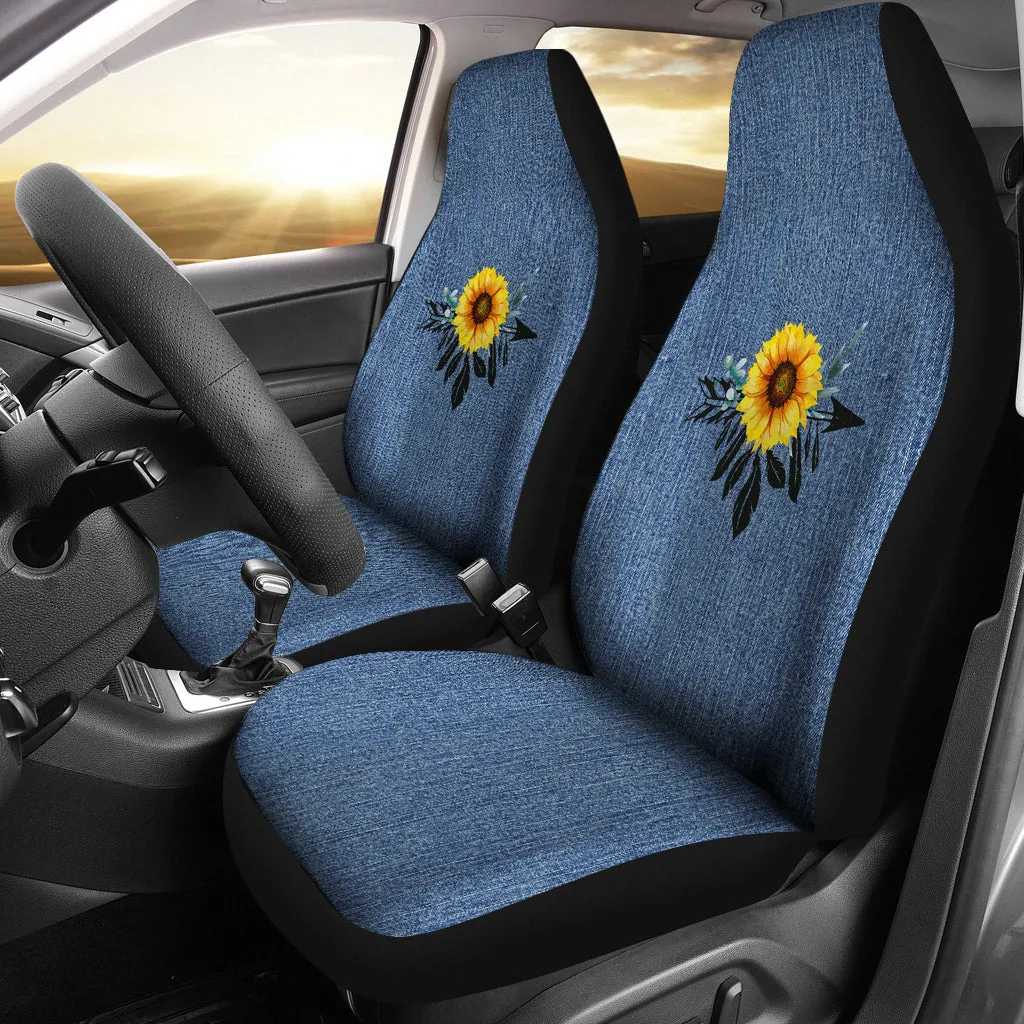 Sunflower Dreamcatcher on Faux Blue Denim Rustic Boho Car Seat Covers Seat Protectors