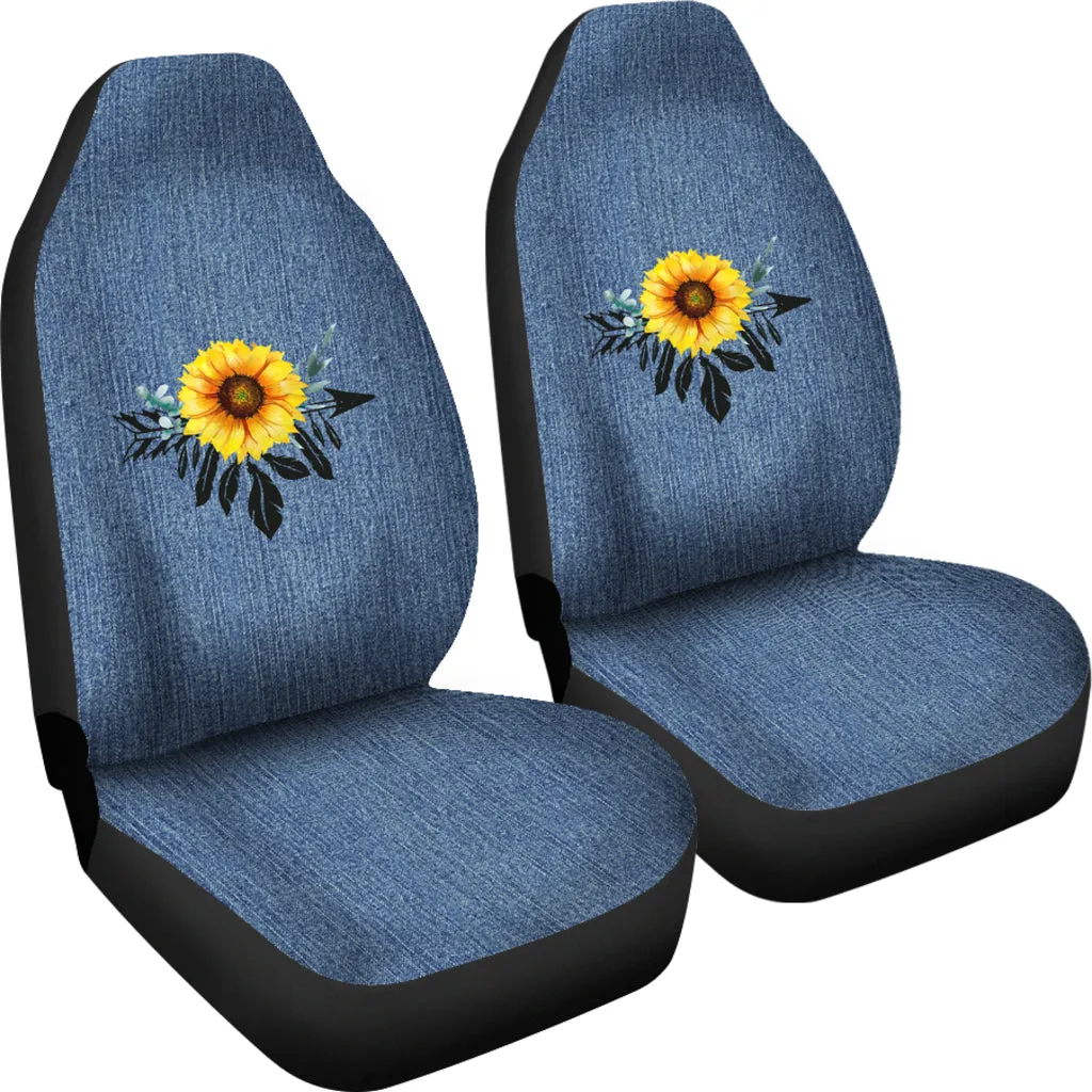 Sunflower Dreamcatcher on Faux Blue Denim Rustic Boho Car Seat Covers Seat Protectors