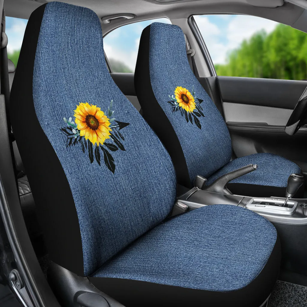 Sunflower Dreamcatcher on Faux Blue Denim Rustic Boho Car Seat Covers Seat Protectors