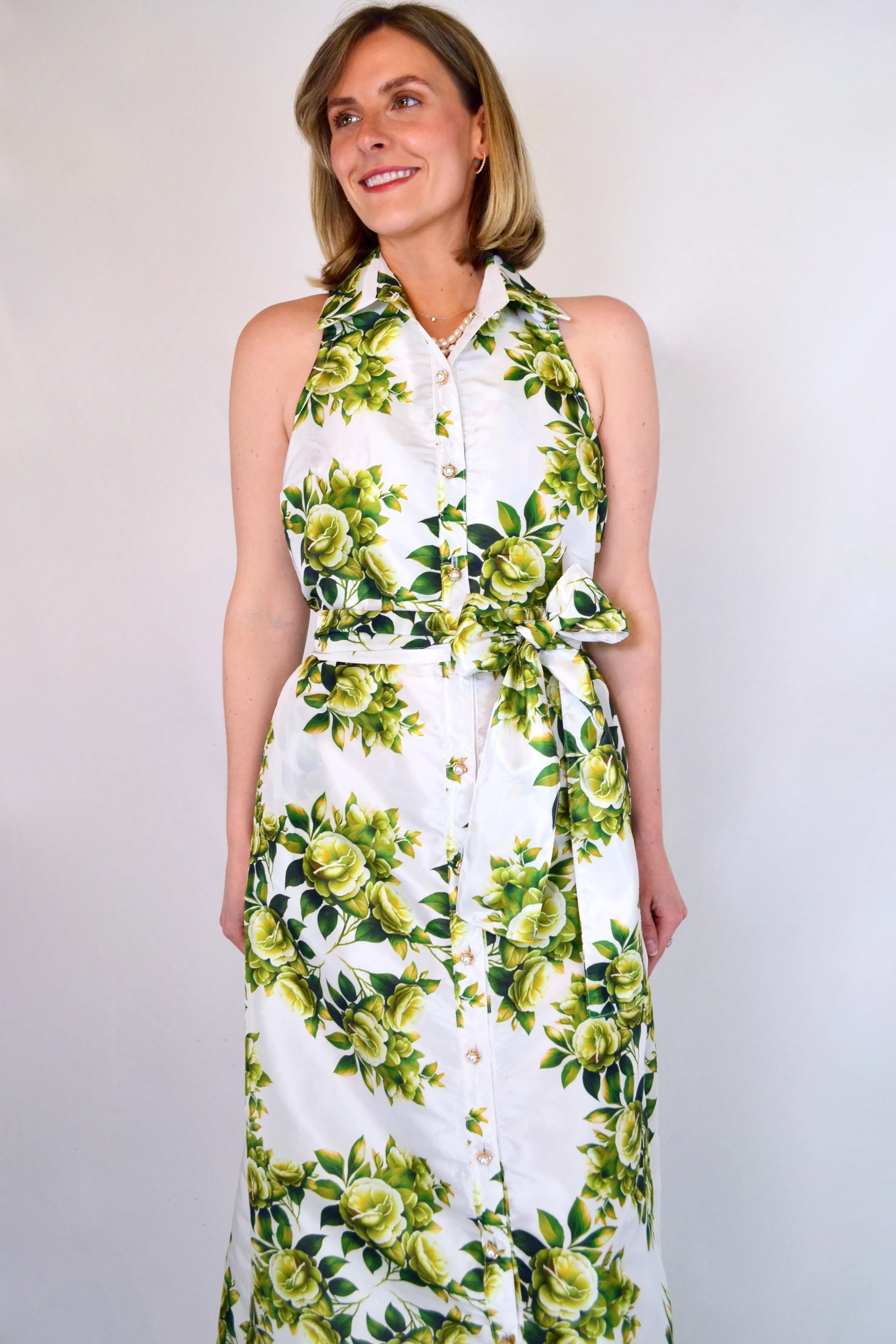 Taffeta Sleeveless Huntington in Green and White Camellias