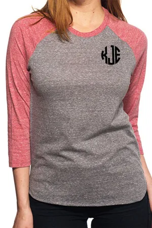 Threadfast Unisex Triblend 3/4-Sleeve Raglan, Gray/Red Triblend *Personalize It