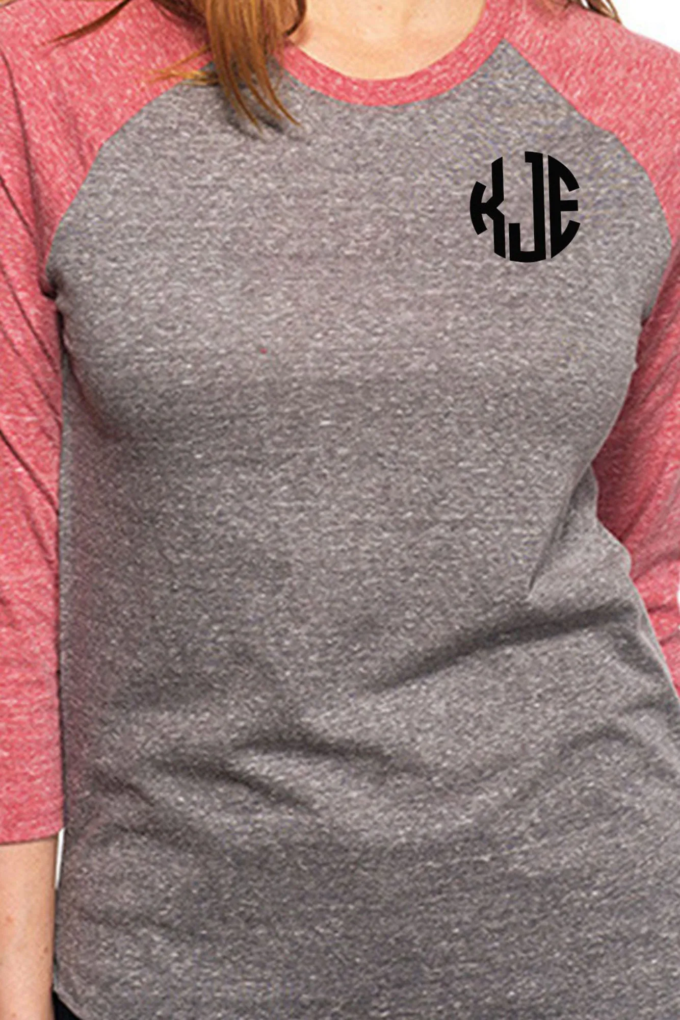 Threadfast Unisex Triblend 3/4-Sleeve Raglan, Gray/Red Triblend *Personalize It