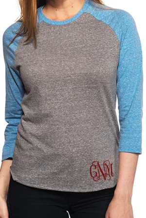 Threadfast Unisex Triblend 3/4-Sleeve Raglan, Gray/Royal Triblend *Personalize It