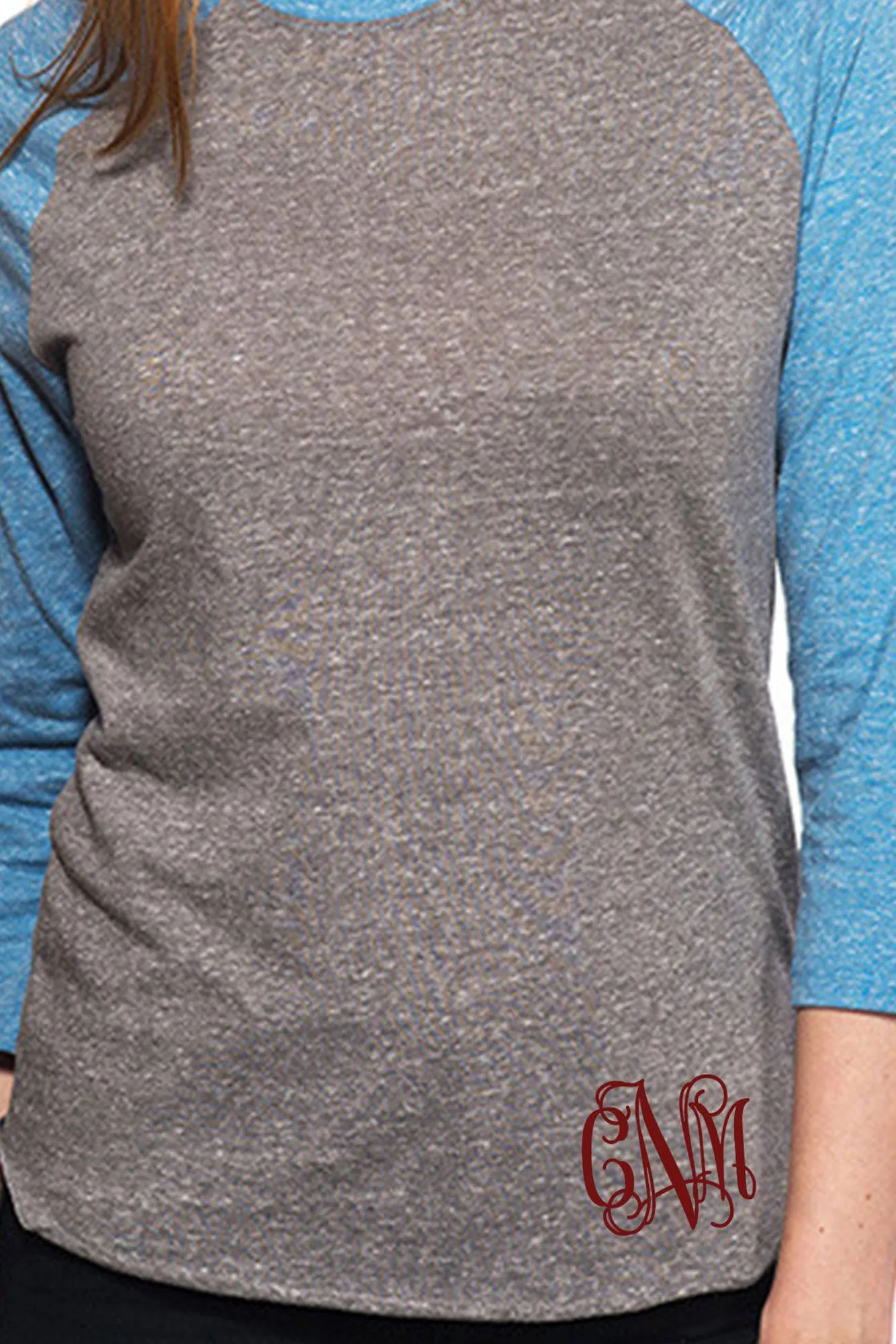 Threadfast Unisex Triblend 3/4-Sleeve Raglan, Gray/Royal Triblend *Personalize It
