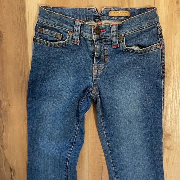 Tommy Hilfiger flare jeans junior women size 5 red stitching embellished pockets