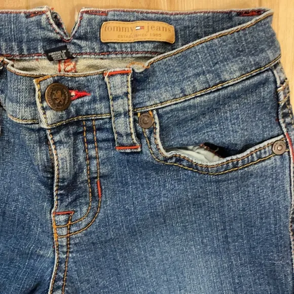 Tommy Hilfiger flare jeans junior women size 5 red stitching embellished pockets