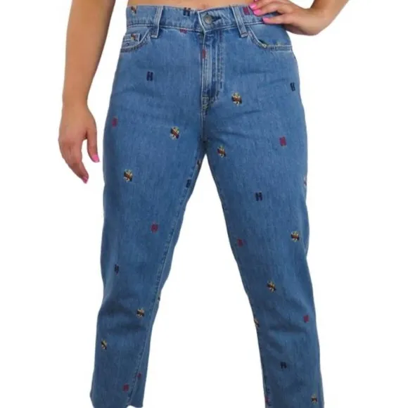Tommy Hilfiger Monogram Embroidered Slim Boyfriend Jeans | Size 4 | Medium Blue