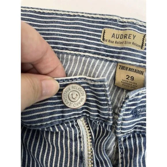 True Religion Womens 29 Audrey Carpenter Relaxed Striped Boyfriend Jeans