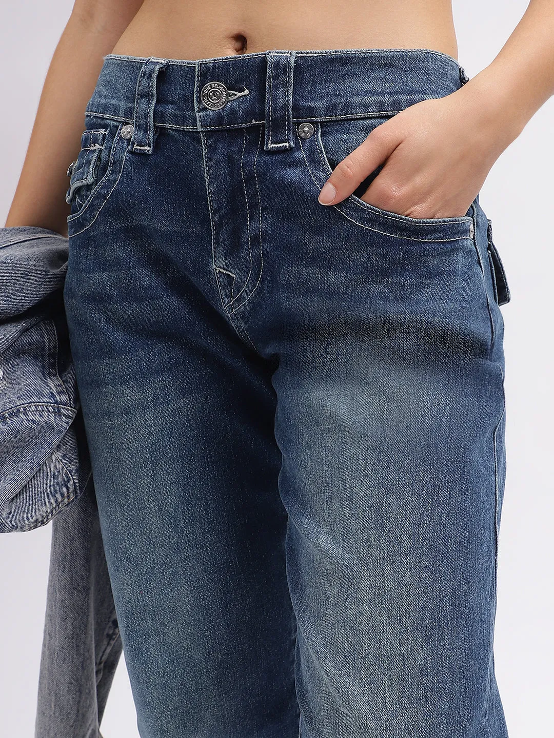 True Religion Womens SN Ricky Relax Straight Fit Blue Mid Rise Jeans