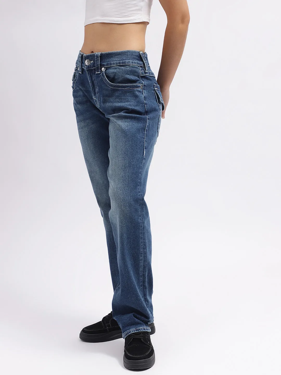 True Religion Womens SN Ricky Relax Straight Fit Blue Mid Rise Jeans