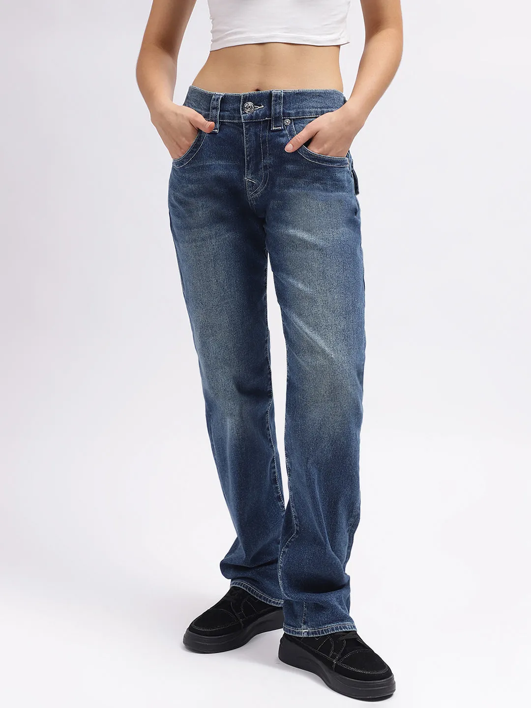 True Religion Womens SN Ricky Relax Straight Fit Blue Mid Rise Jeans
