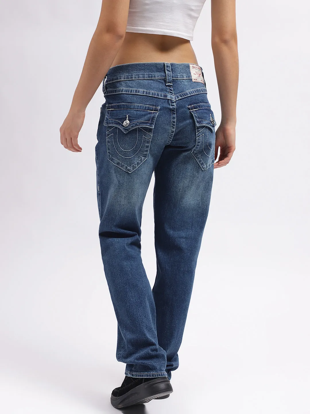 True Religion Womens SN Ricky Relax Straight Fit Blue Mid Rise Jeans