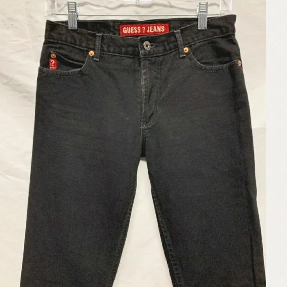 Vintage 90s black Guess ? Triangle logo straight leg mid Rise jeans size 28