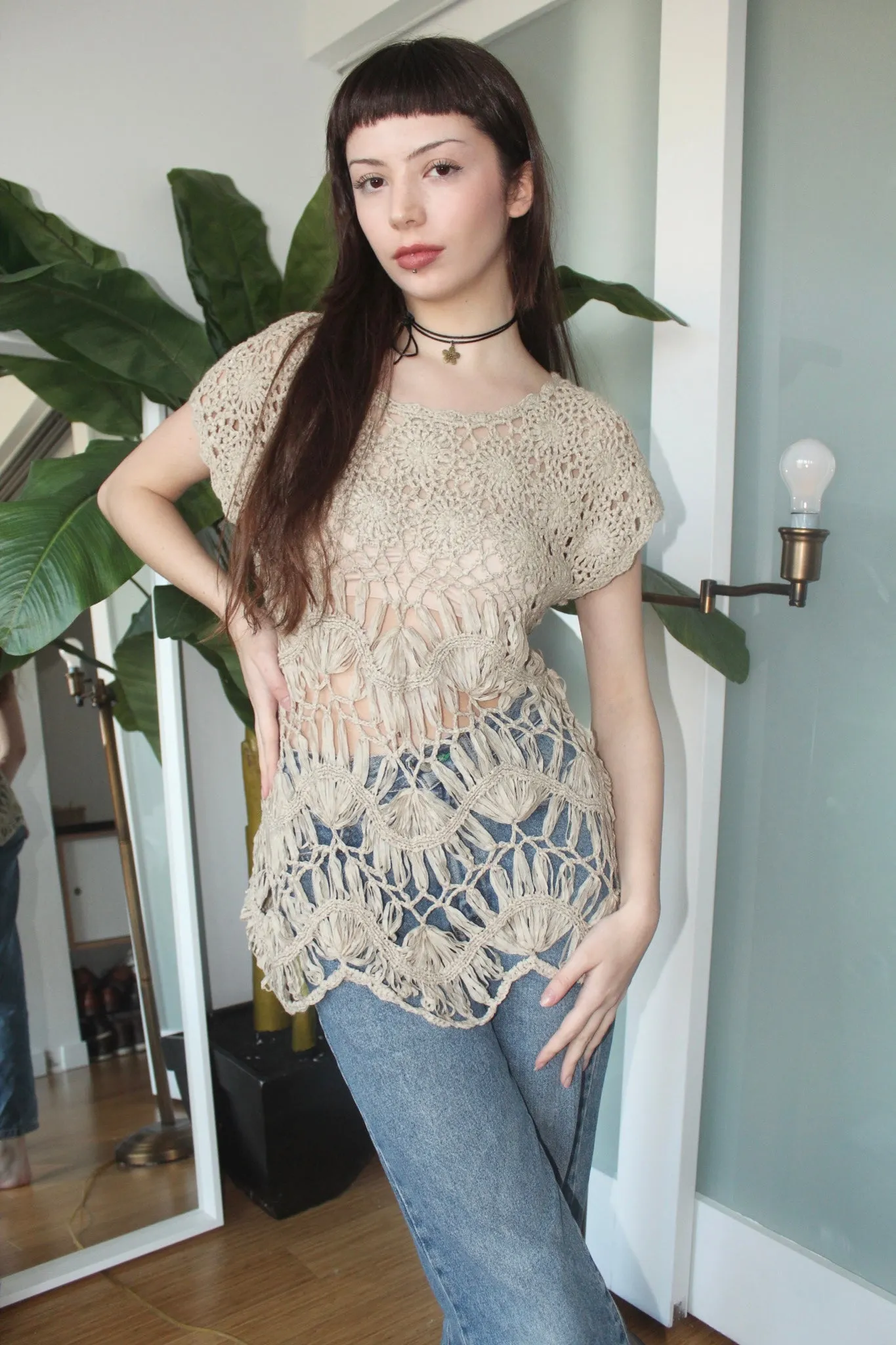 Vintage Tan Crochet Knit (M)