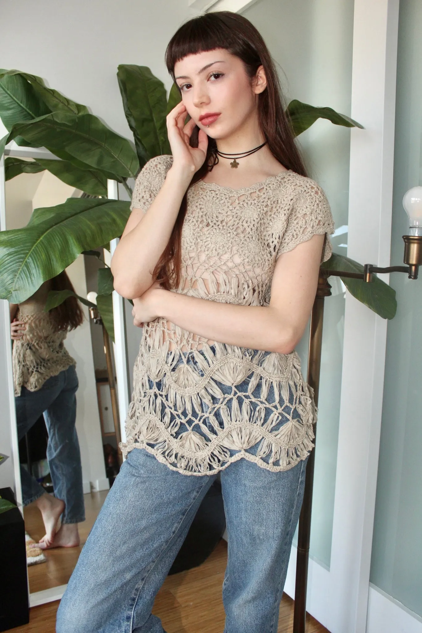 Vintage Tan Crochet Knit (M)
