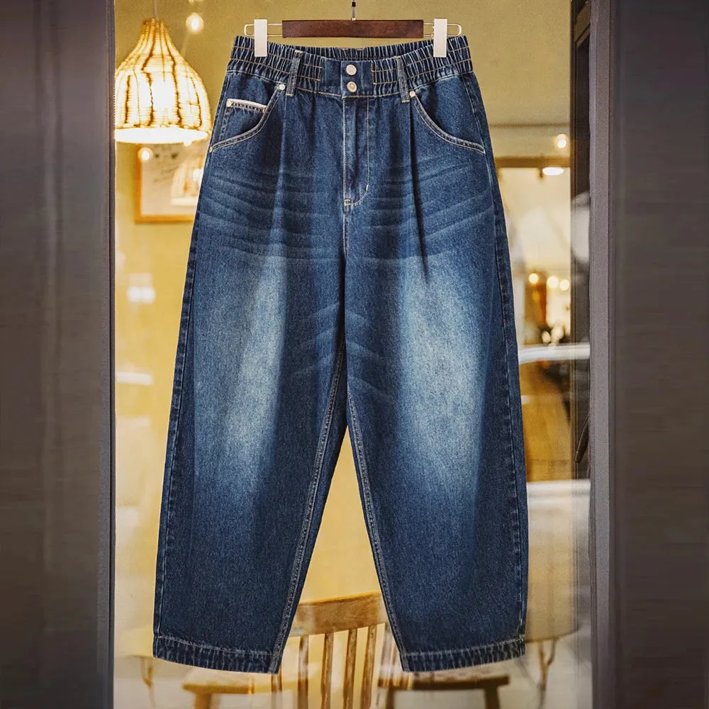 Vintage Washed Oversize Whisker-Featured Casual Jeans