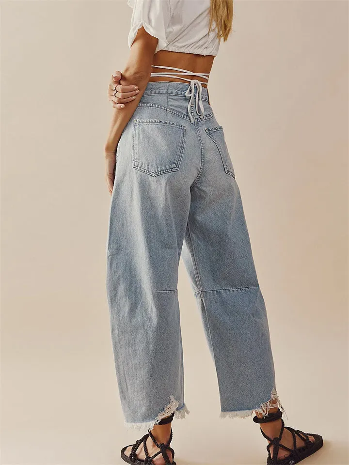 Vintage Wide Leg Raw Hem Barrel Jeans for Women