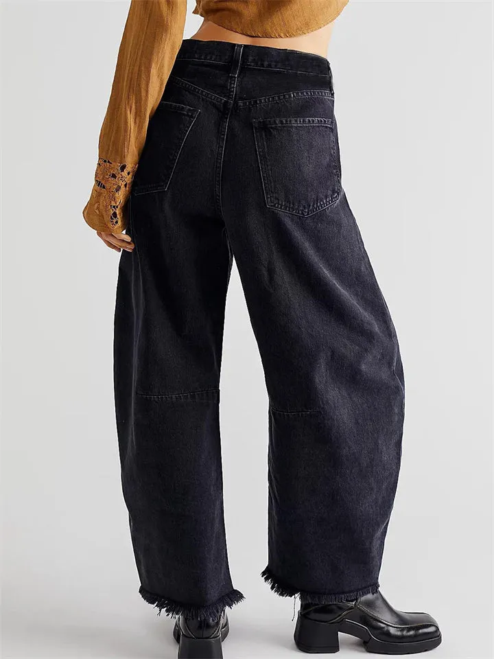 Vintage Wide Leg Raw Hem Barrel Jeans for Women