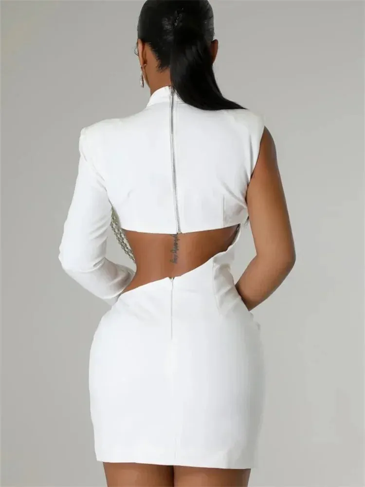 Waist and Back Exposed White Sexy Pearl Pendant Slim Dress