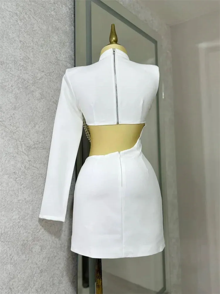 Waist and Back Exposed White Sexy Pearl Pendant Slim Dress