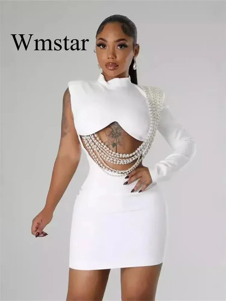 Waist and Back Exposed White Sexy Pearl Pendant Slim Dress