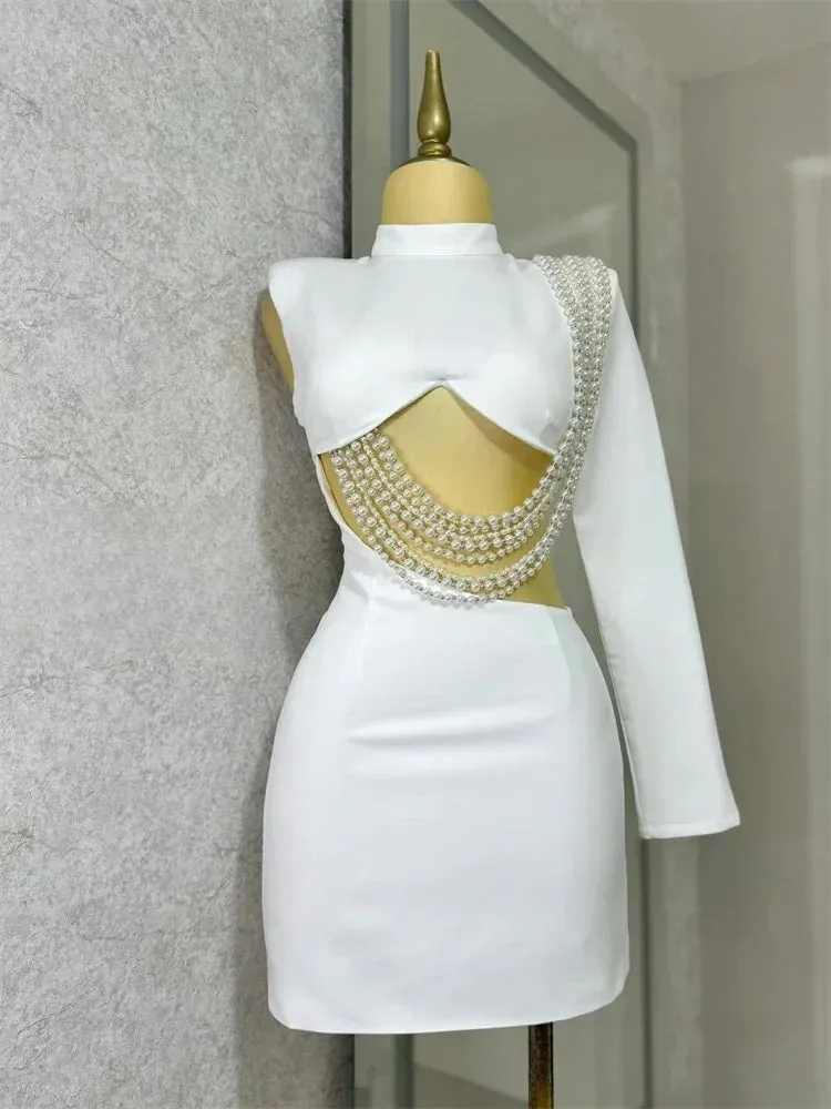 Waist and Back Exposed White Sexy Pearl Pendant Slim Dress