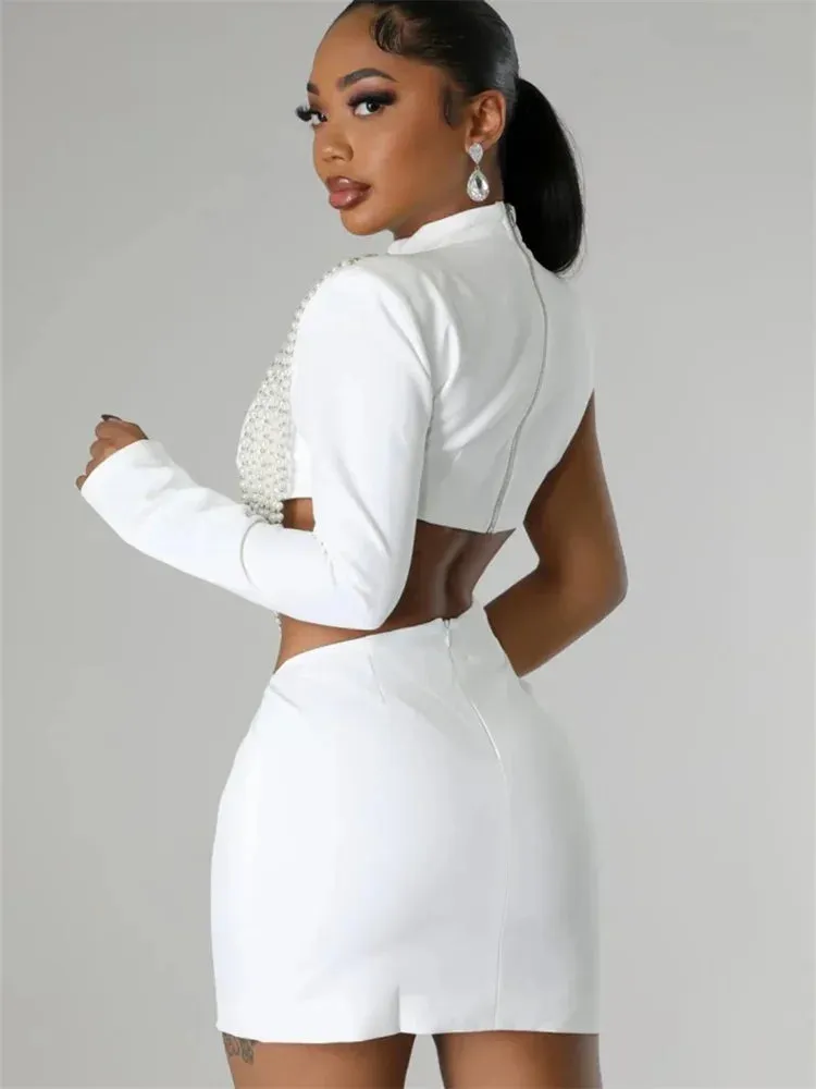 Waist and Back Exposed White Sexy Pearl Pendant Slim Dress