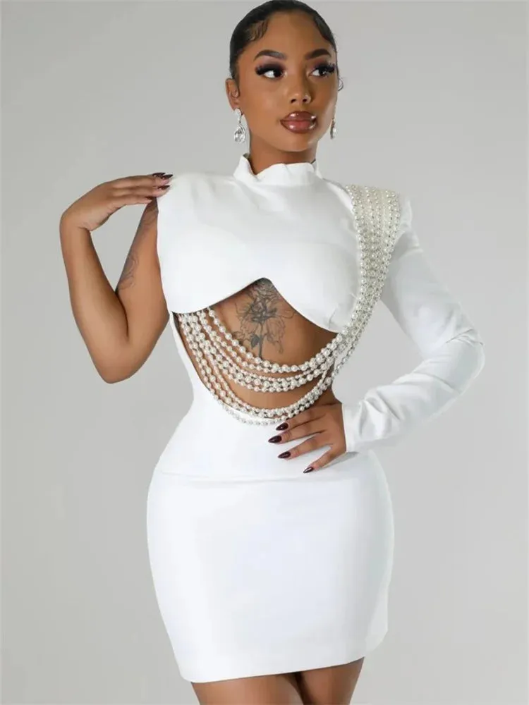 Waist and Back Exposed White Sexy Pearl Pendant Slim Dress