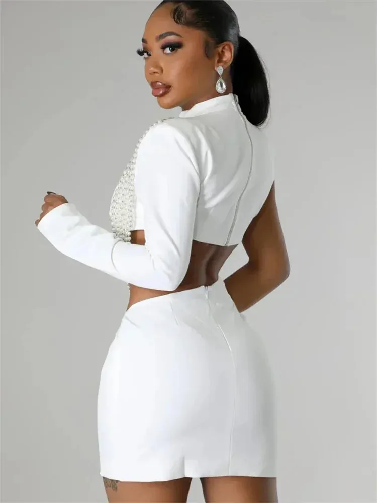 Waist and Back Exposed White Sexy Pearl Pendant Slim Dress
