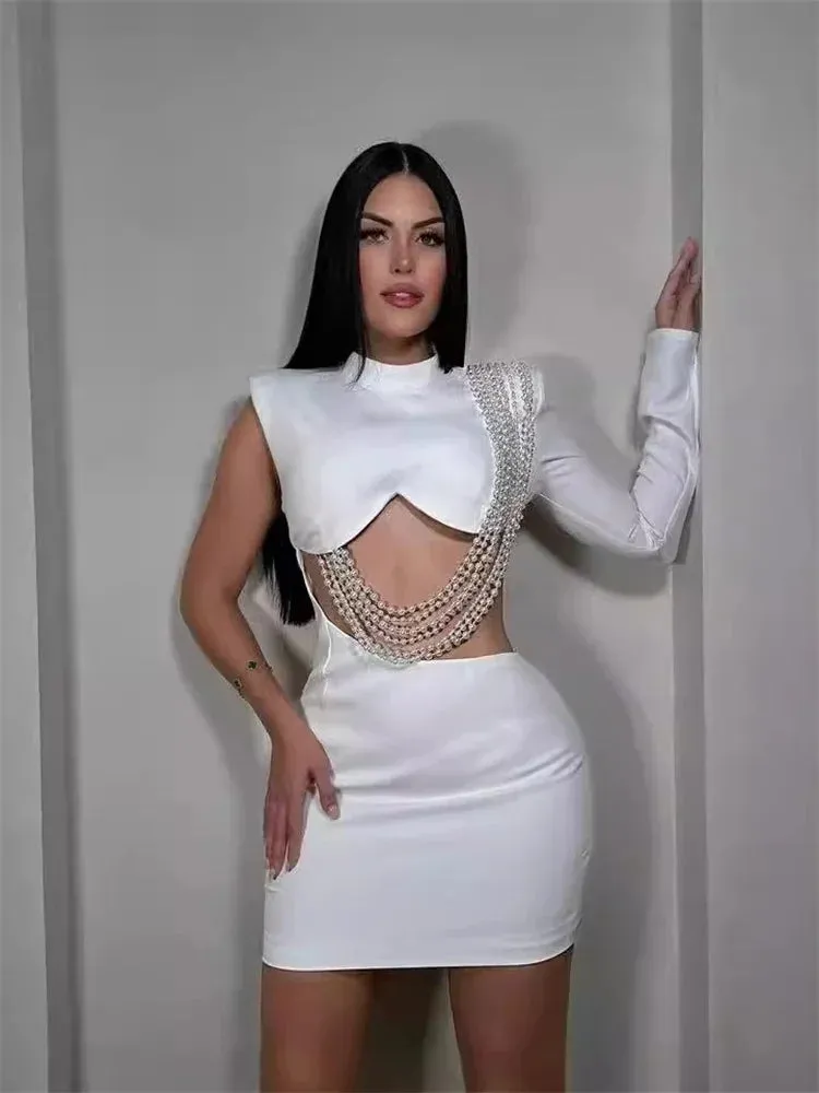 Waist and Back Exposed White Sexy Pearl Pendant Slim Dress