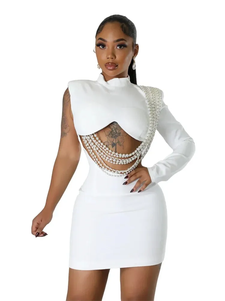 Waist and Back Exposed White Sexy Pearl Pendant Slim Dress