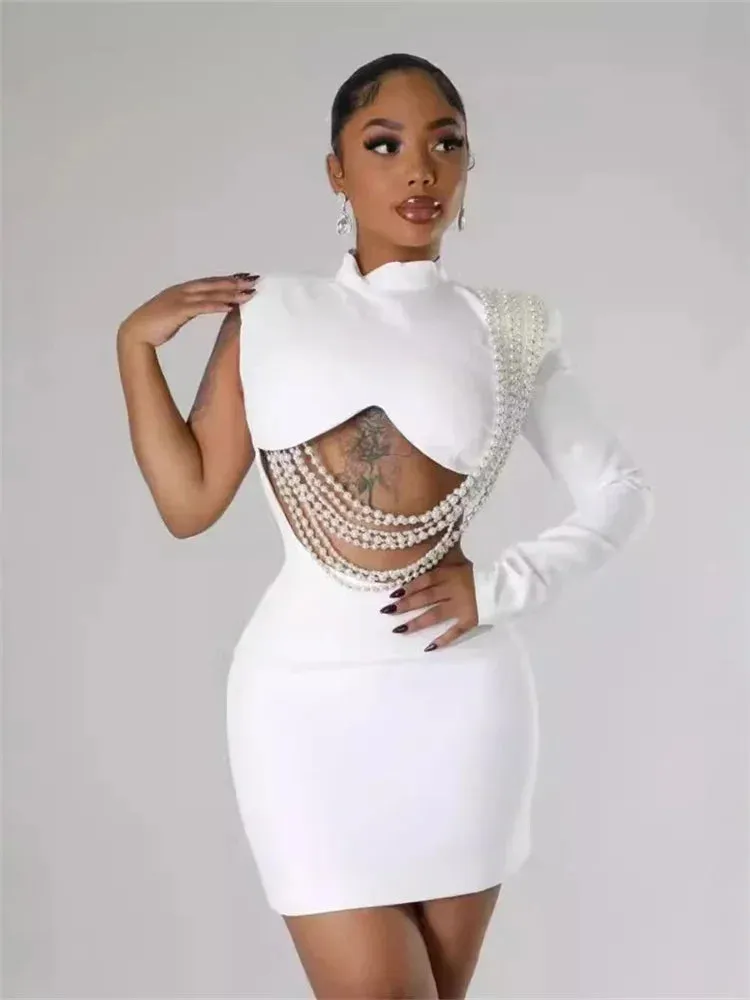 Waist and Back Exposed White Sexy Pearl Pendant Slim Dress