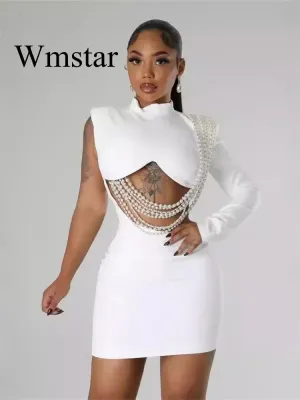 Waist and Back Exposed White Sexy Pearl Pendant Slim Dress