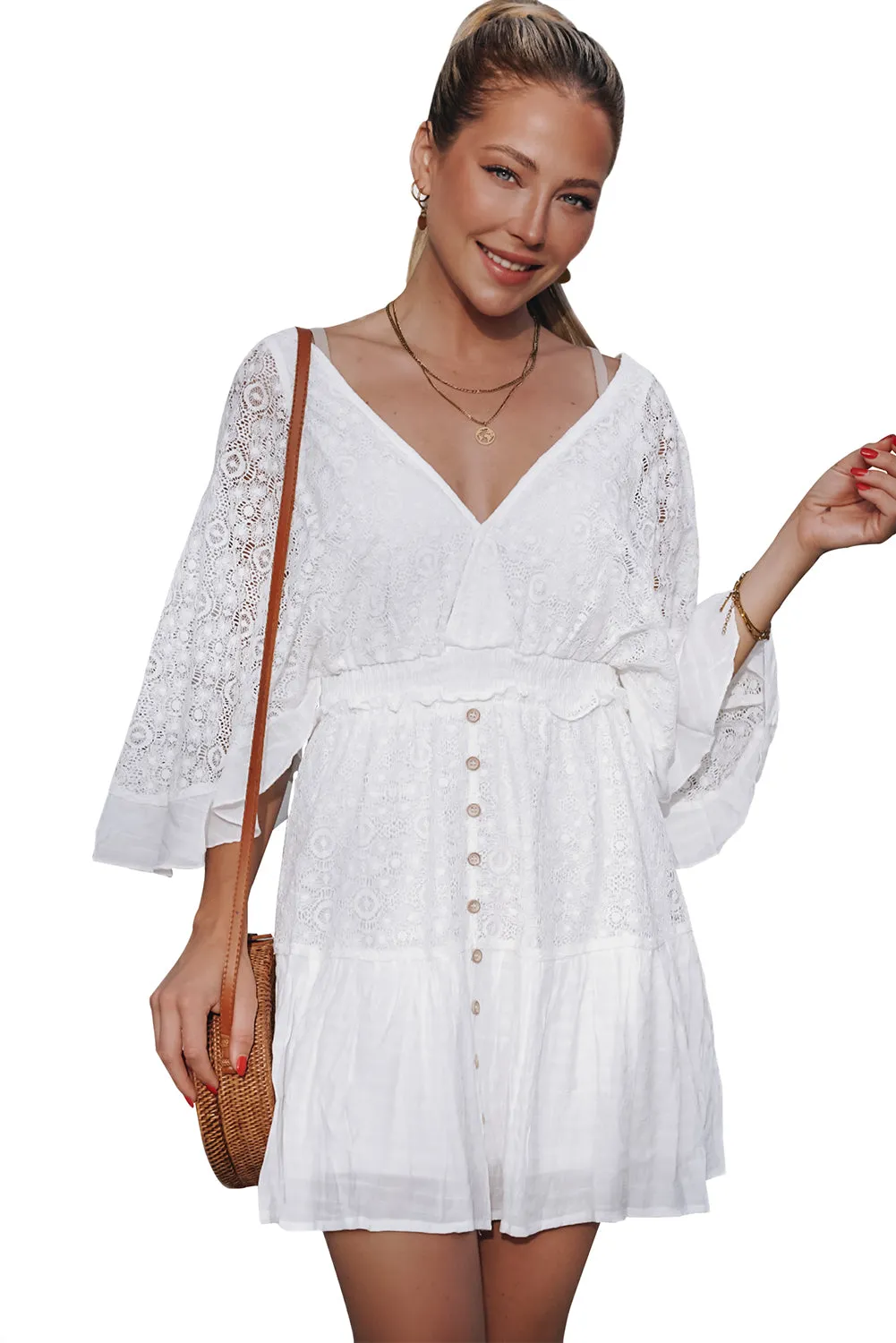 White Lace Crochet Buttons Bell Sleeve V Neck Mini Dress