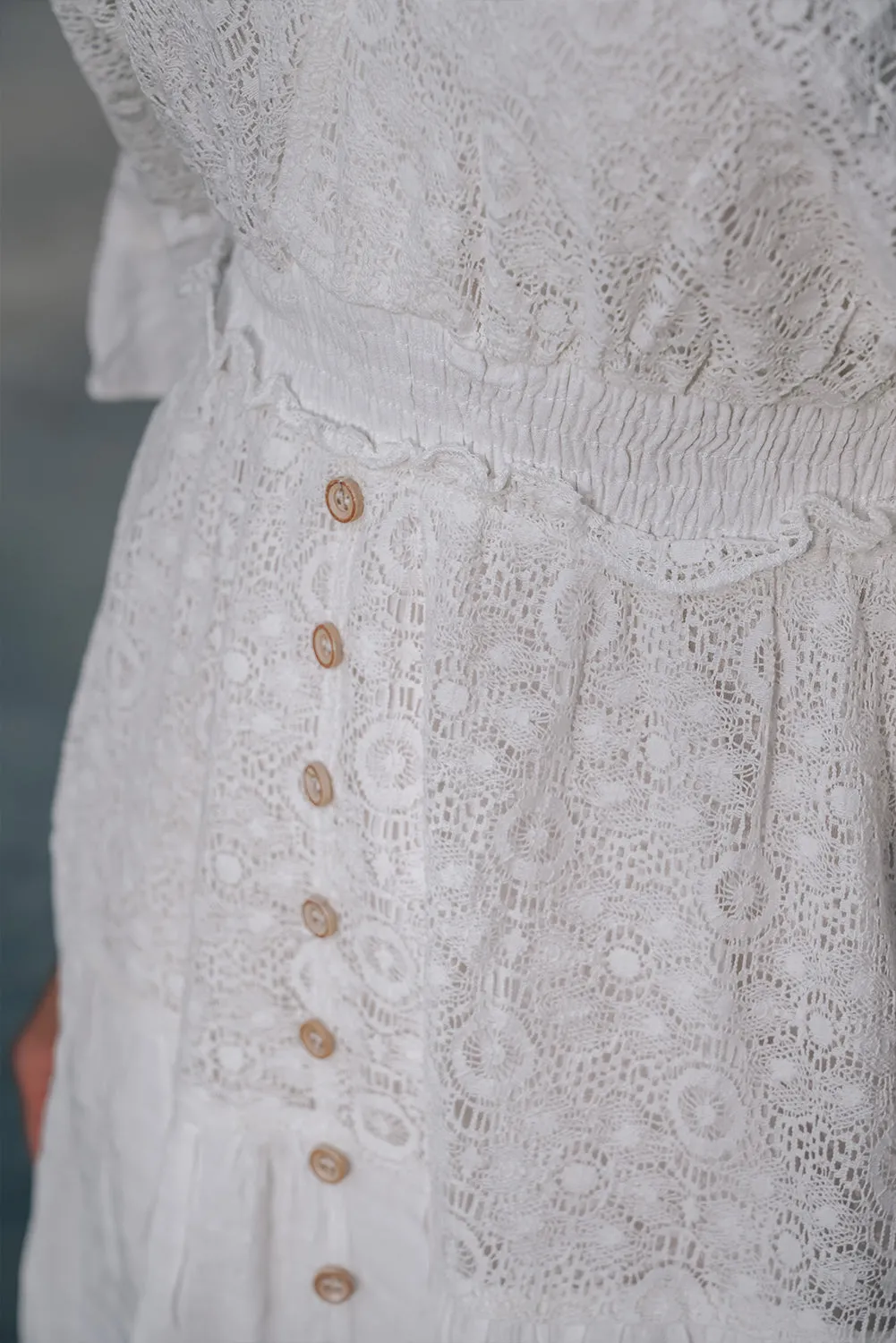 White Lace Crochet Buttons Bell Sleeve V Neck Mini Dress