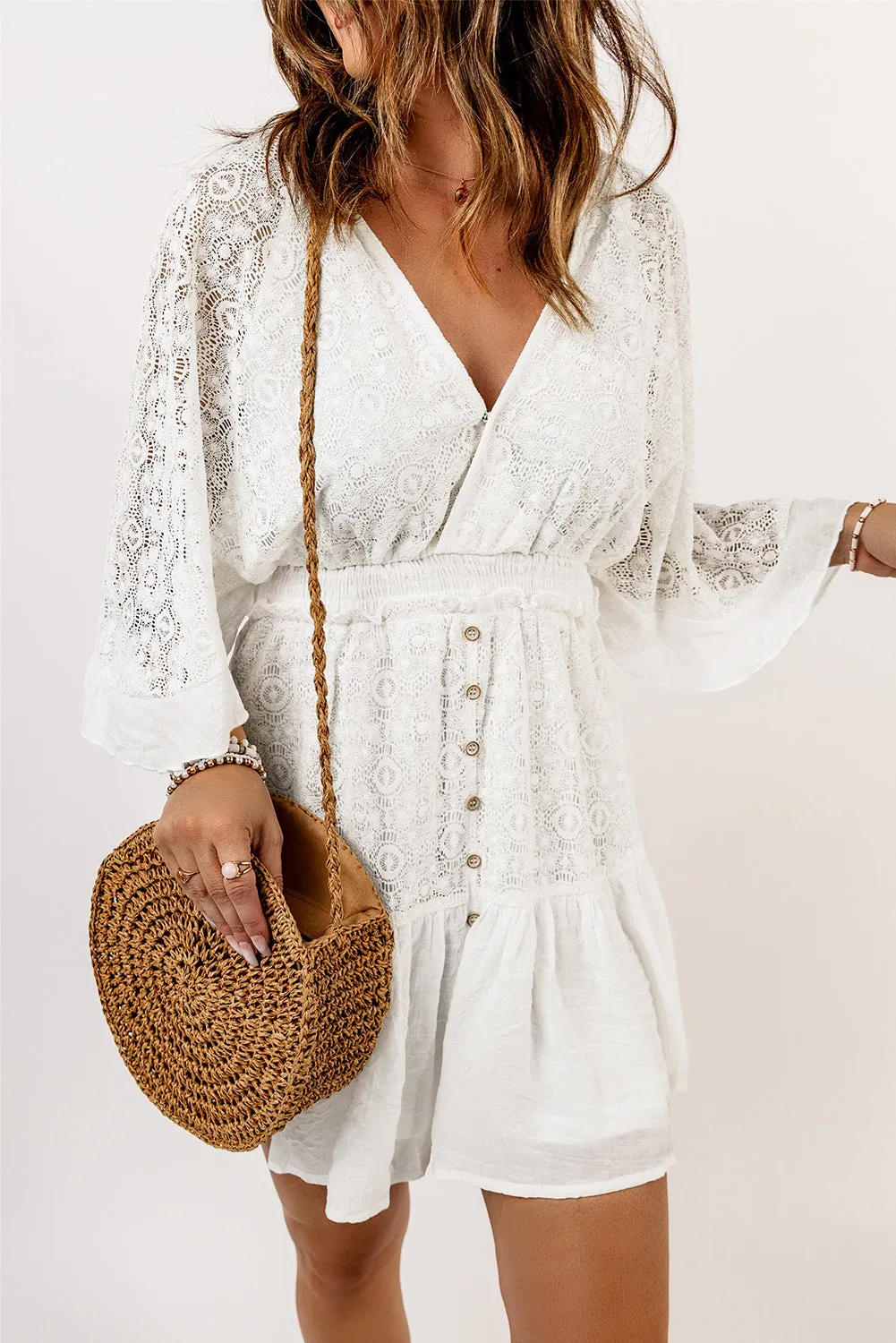 White Lace Crochet Buttons Bell Sleeve V Neck Mini Dress