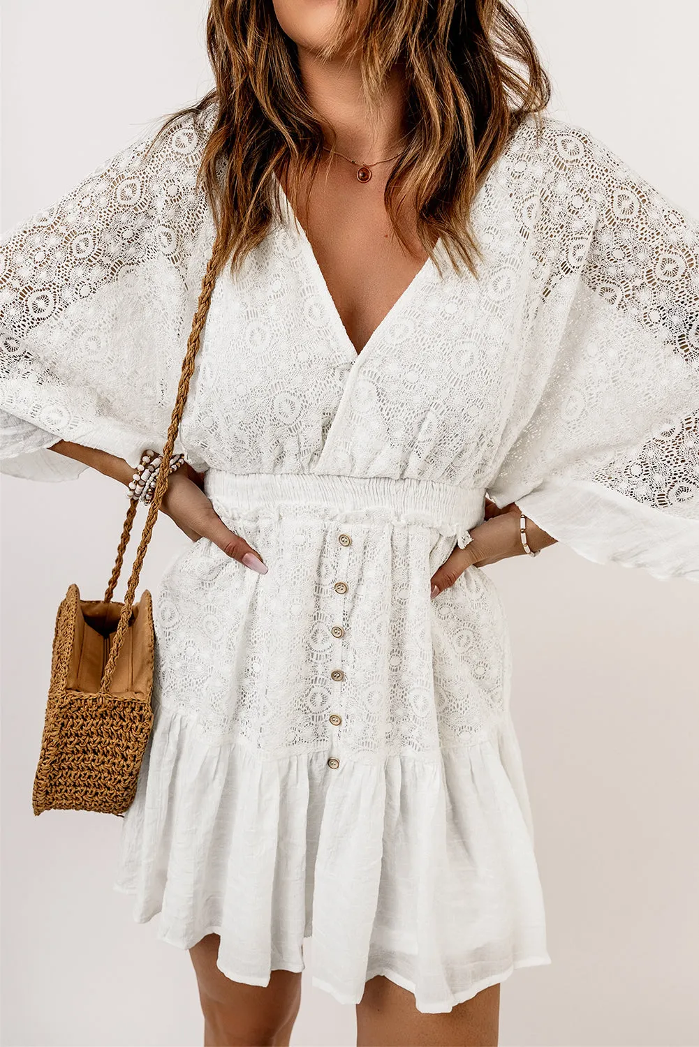 White Lace Crochet Buttons Bell Sleeve V Neck Mini Dress