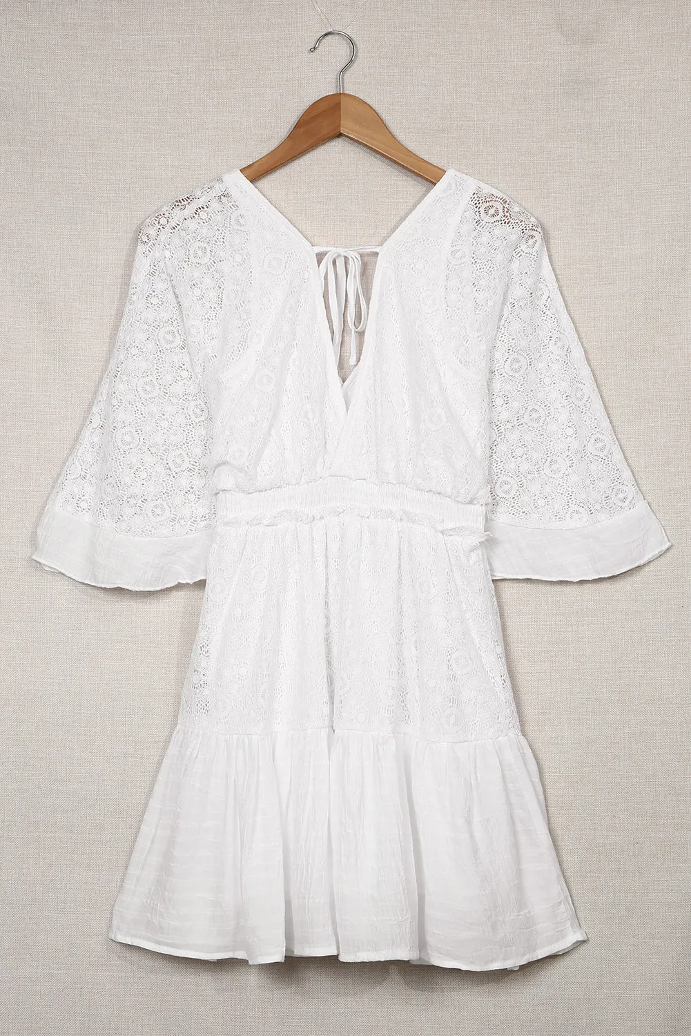 White Lace Crochet Buttons Bell Sleeve V Neck Mini Dress