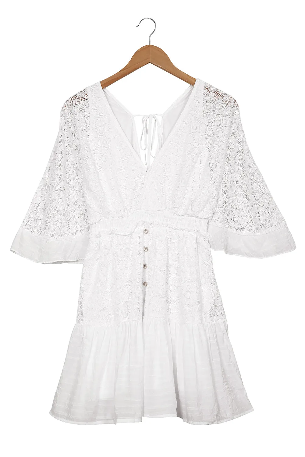 White Lace Crochet Buttons Bell Sleeve V Neck Mini Dress