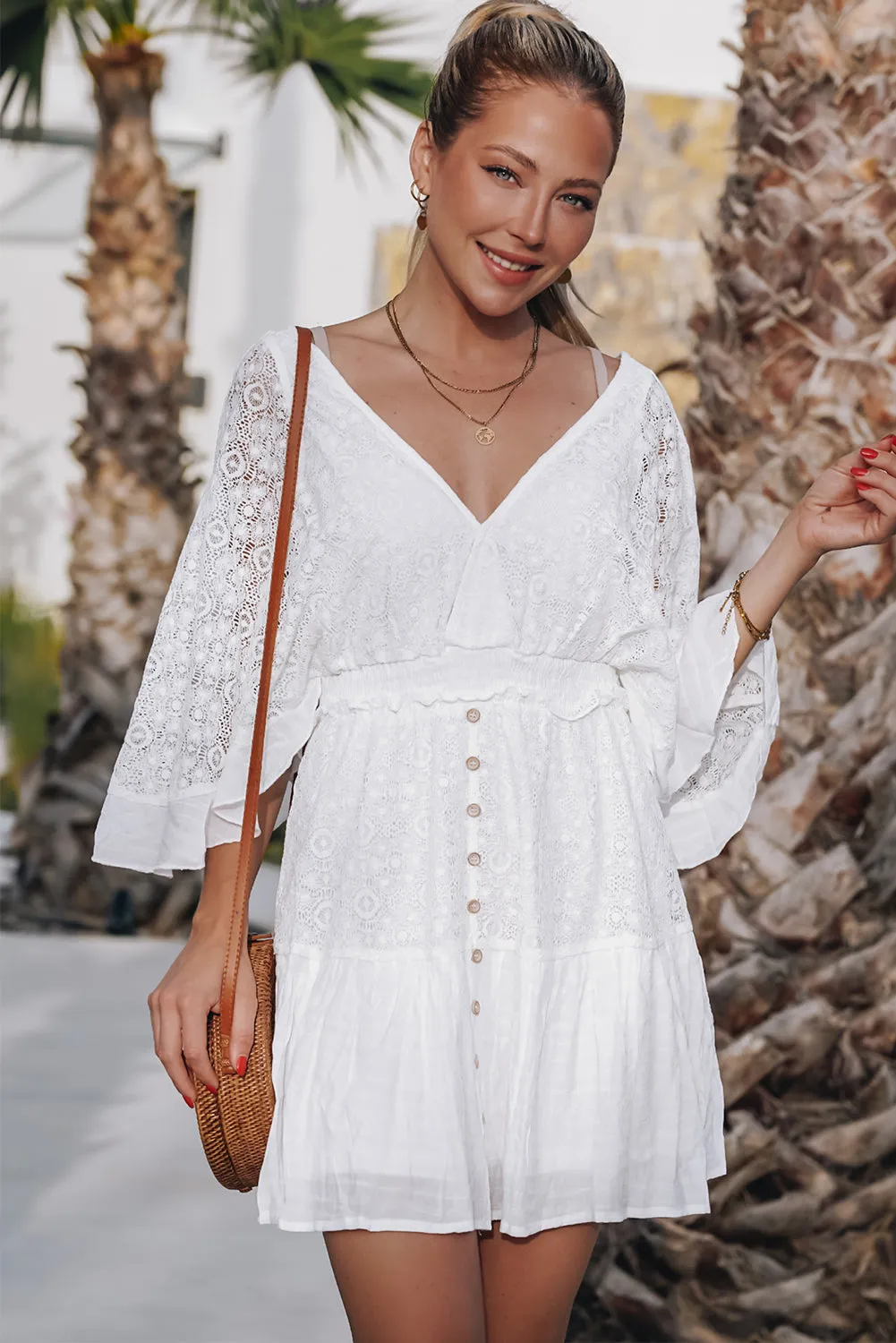 White Lace Crochet Buttons Bell Sleeve V Neck Mini Dress