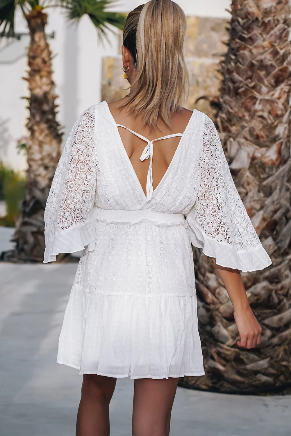 White Lace Crochet Buttons Bell Sleeve V Neck Mini Dress