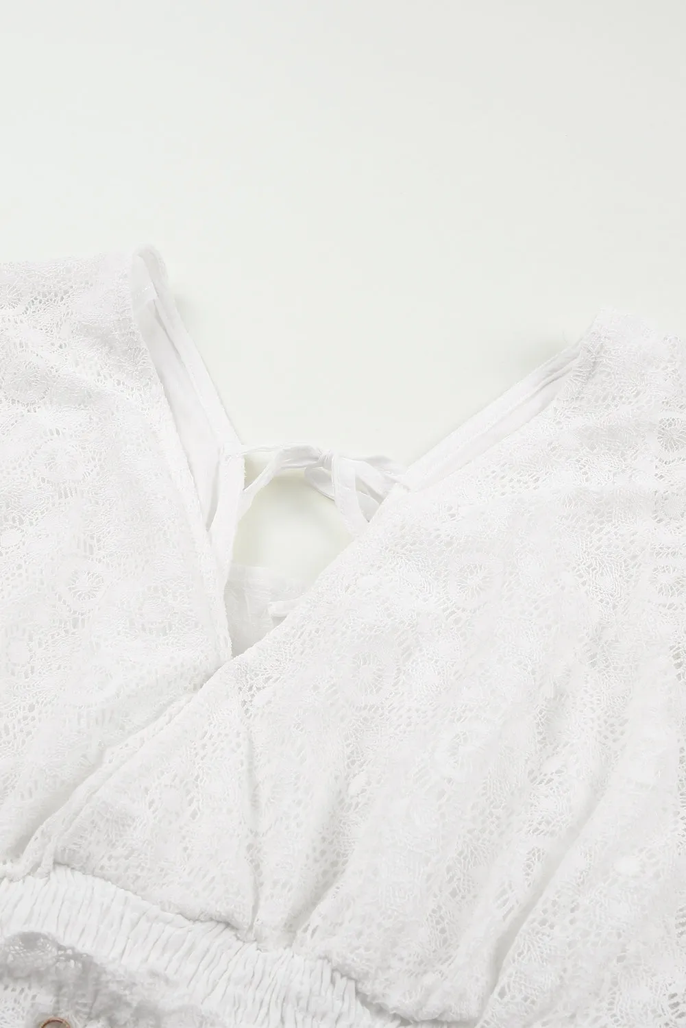 White Lace Crochet Buttons Bell Sleeve V Neck Mini Dress