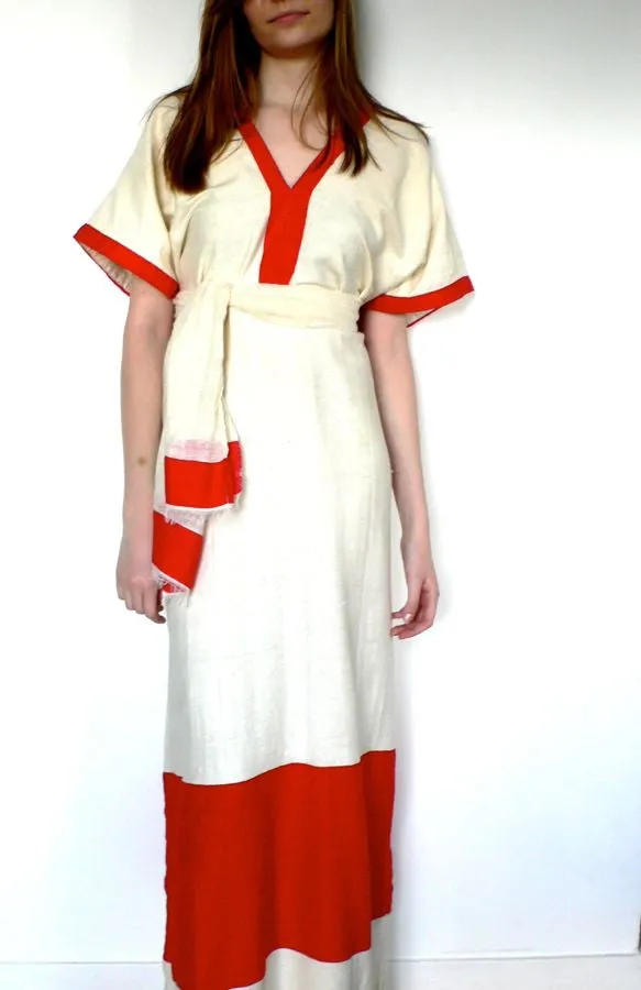 White traditional Ethiopian dress with blue / pink / green color blocks