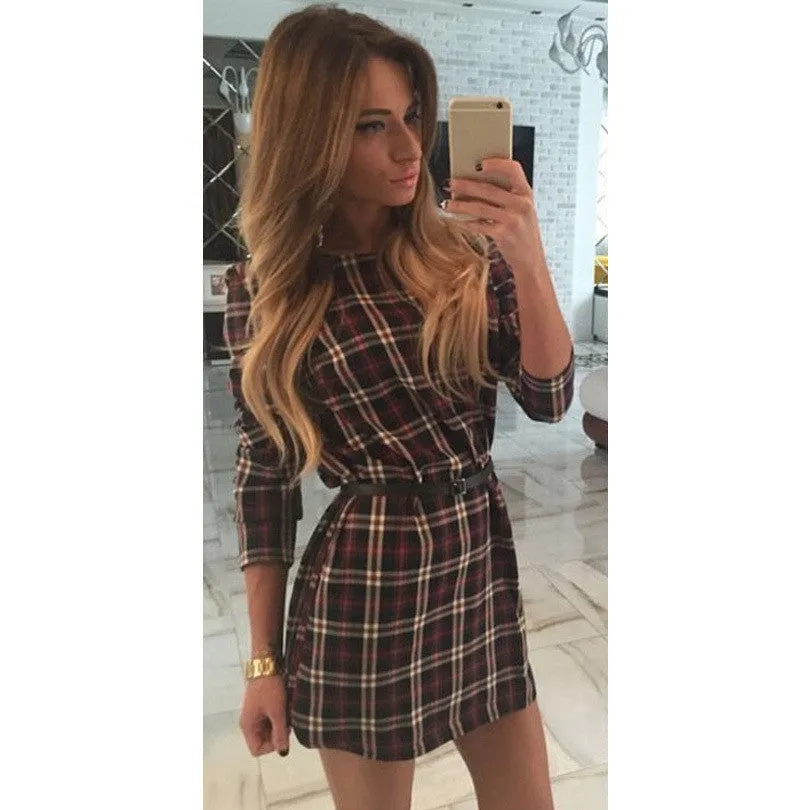 women plaid dresses o-neck long sleeve loose dresses casual mini dress