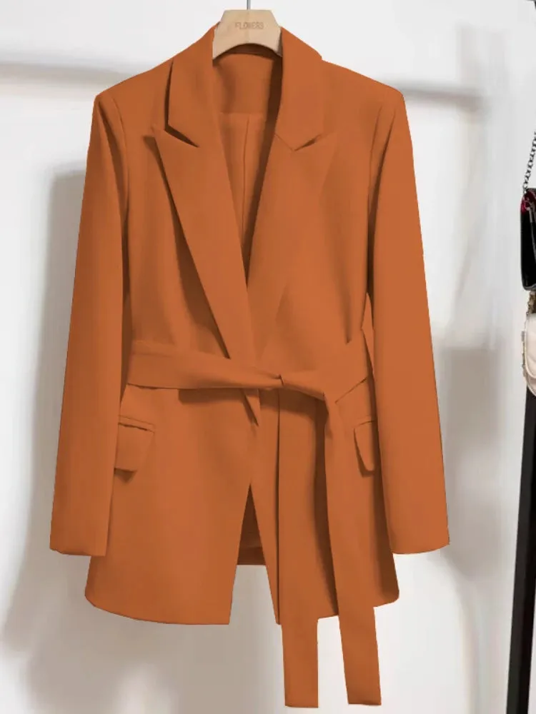 Women's Blazers Spring Autumn Suit Coat Beige Tie Up Jacket Slim Fit Stylish Top Outerwear Office Lady Blazer for Women Clothing
