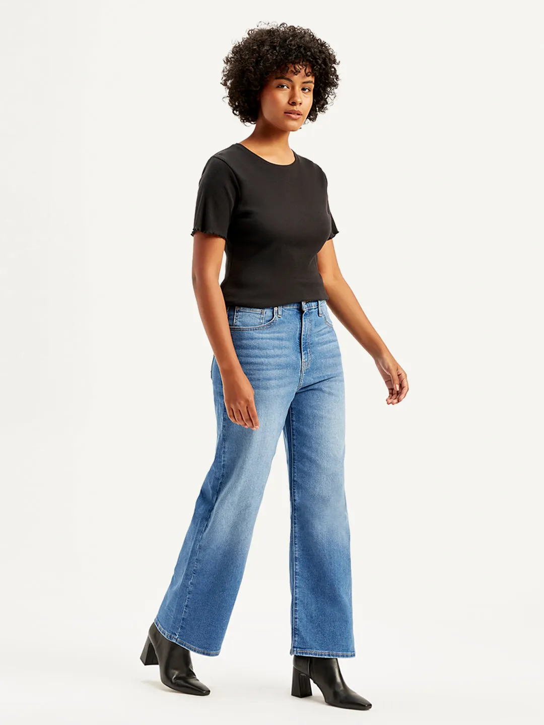 Women's Blue Wideleg Fit High Rise Jeans