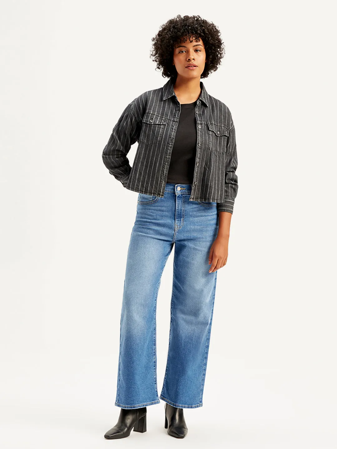 Women's Blue Wideleg Fit High Rise Jeans